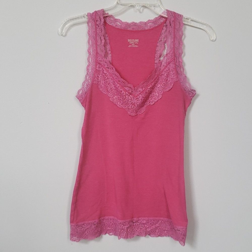 Y2K Fine Ribbed Lace Trim Camisole Tank Top Med Coquette Pink Feminine Romantic